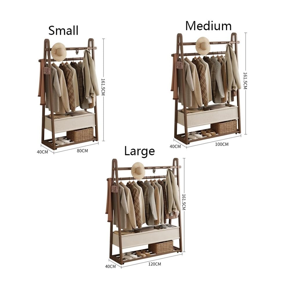 Massivholzgarderobe mit Rollen, mobiles Aufbewahrungsregal für Eingangsbereich und Schlafzimmer, Hängeorganizer mit Stofftasche, höhenverstellbar, Walnussholz-Finish, kleine Größe