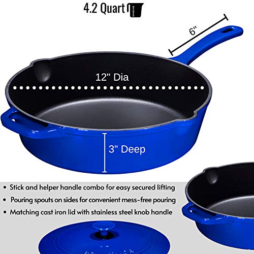 Bruntmor-5qt-Blue-Enameled-Cast-Iron-Skillets-With-Lid-and-handle-Non-Stick-Cookware-And-Grill-For-Casserole-Dish-5-Quarts-Cast-Iron-Skillets-Grill-Frying-PanSaute-panBakeware