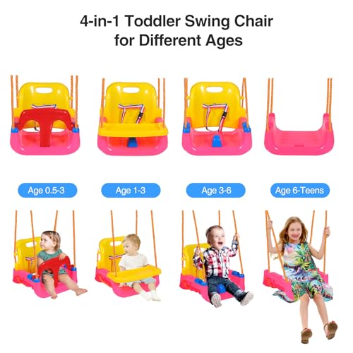 Image of RedSwing 4-in-1 Kids Swing Seat for Infants to Teens with Detachable Safety Harness,Snug & Secure Outdoor Playground Swing Attachment for Backyard, Garden,Park | Large Size, Pink Red Yellow