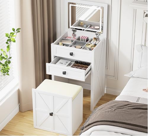 FREDEES 3-in-1 Schminktisch mit Spiegel, Kleine Schminkkommode mit Sanfter Beleuchtung,...