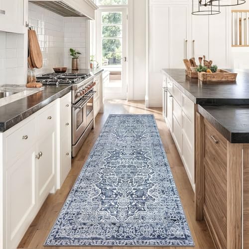 KUTA Vintage Washable Kitchen Runner 3x8, Non Skid Washable 8 ft Blue White Runners, Printed Distressed Floral Area Rugs Ultra Soft Carpet for Bedroom Living Room