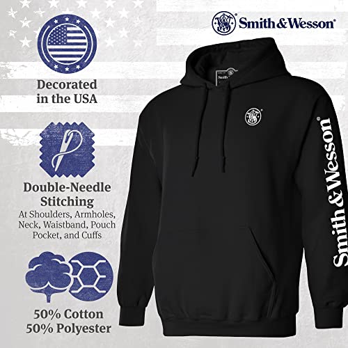 Image of Smith & Wesson Officially Licensed Men's Hooded Sweatshirt, Long Sleeve Pullover Graphic Hoodie with Arm and Chest Logo