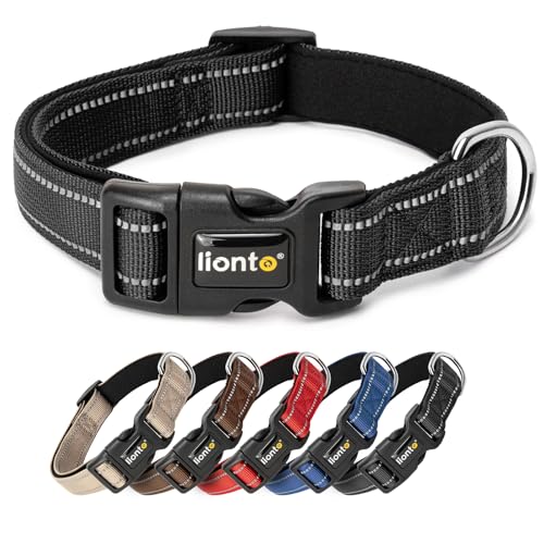 lionto Collare per cani imbottito in nylon riflettente impermeabile regolabile, taglia S, nero