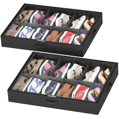 Lifewit 2-Pack Under Bed Shoe Storage, 4.3 Inches Low Profile Fabric Slim Shoe Organizer for Closet with Clear Cover, Set of 2 Thin Stackable Shoe Boxes Hold 24 Pairs, Black