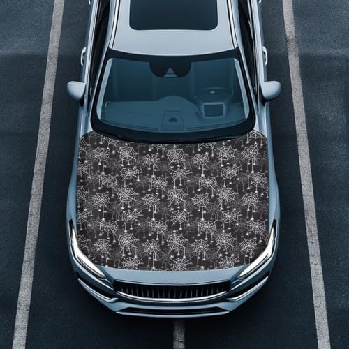 Image of Spider Web Halloween Print Car Hood Cover Easy to Install Fabric Hood Cover Halloween Vehicles Decorate Engine Removable Automotive Accessories Personalized Suitable for Cars(59x39 Inch)
