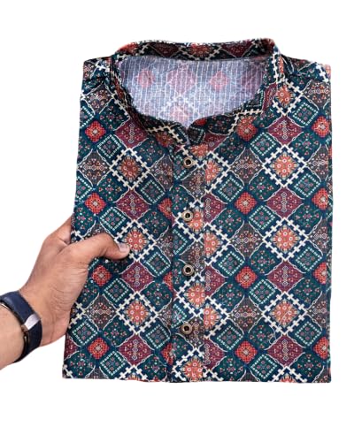 Image of FOXDX Men's Cotton Kurta, Ethnic Printed Kurta for Perfect Ethnic Look, Stand Collar Long Sleeve Casual Printed Regular Long Kurta
