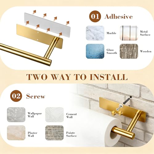 Image of Gold Paper Towel Holder Under Cabinet, Self Adhesive Paper Towel Roll Holder Stick on Wall, Stainless Steel Towel Paper Holder for Kitchen Bathroom