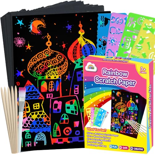 ZMLM Scratch Paper Art Set, 60 Pcs Rainbow Magic Scratch Paper for Kids Black Scratch Off Art Crafts Kits Notes with 5 Wooden...