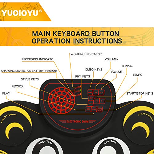 YUOIOYU Electronic Drum Set - 9 Pad Flexible Roll Up Drum Kit Practice Pad with Foot Pedals, Built in Speakers & Drum Sticks, Great Holiday Birthday Gift for Kids/Beginners