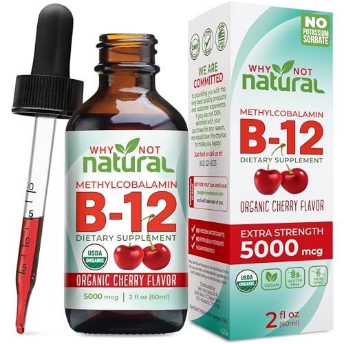 Why Not Natural Organic Vitamin B12 Liquid - Sublingual Extra Strength 60 x 5000 mcg Methylcobalamin Drops, Vegan, Maximize Absorption and Energy