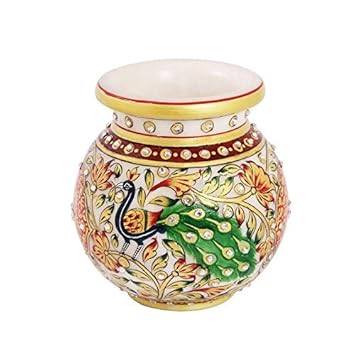 Round Flower Pot in Marble with Peacock Painted with Long Feathers by Handicrafts Paradise