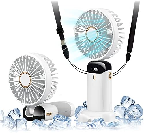 FADACHY Handheld Fan,Portable Mini Fan USB Rechargeable 5 Speeds 5000mAh Battery 11-20 Hours, Folding Desk Fan with Cellphone Stand,Lanyard Neck Fan for Office Home Outdoor Traveling