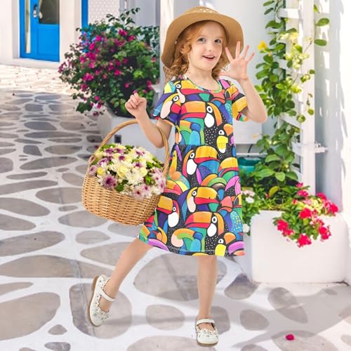CHIFIGNO Abstract Toucans Dress for Girls Short Sleeve Crewneck Casual Sundress Toddler Girl Summer Clothes4