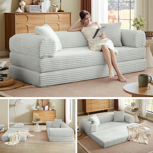 Image of Boneless Couch Futon Sofa Bed Sectional Couches for Living Room,Cloud Couch with Sleeper Sofa,Sofas for Living Room Oversized Corduroy Upholstered (Light Grey, 76 Inches (No Iron Frame))