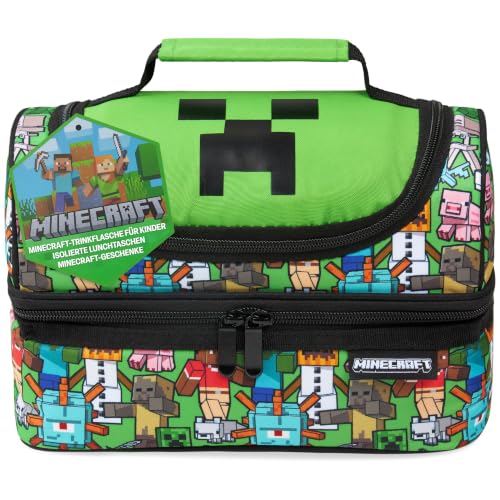 Minecraft Lunchtasche Kinder oder Set mit Trinkflasche Isolierte Creeper Kühltasche für Lunchbox und Snacks für Schule Alltag Urlaub Gamer Geschenk (Multi)