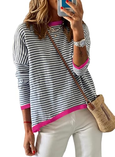 Image of Womens Striped Lightweight Cotton Sweaters Long Sleeve Crew Neck Color Block Casual Knitted Pullover Tops