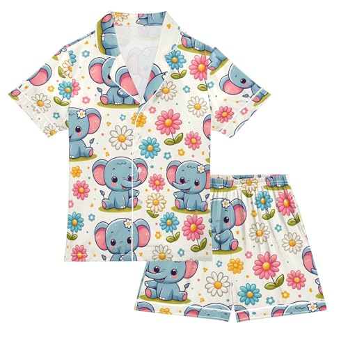 ALAZA Cute Cartoon Elephant Daisy Flower Pajamas Satin Pajama Set Short Sleeve Button Down Sleepwear