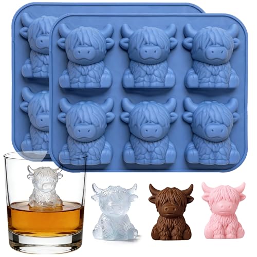 2 Pack Mini Highland Cow Ice Cube Mold 6-Cavity Silicone Highland Cow Ice Cube Tray Cute Highland Cow Gifts for Women Men Novelty Home Bar Gifts for Whisky Cocktails Coffee Drinks