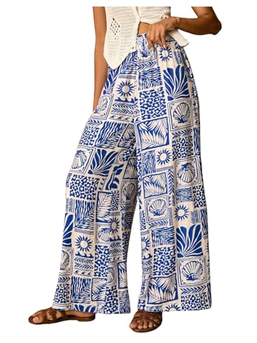 WDIRARA Women's Boho Tropical Graphic Palazzo Pants Elastic High Waisted Wide Leg Pants