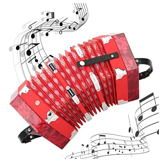 Massivt trä Concertina dragspel, Engelsk stil Concertina Bärbart professionellt dragspel med justerbar handrem och bärväska Musikinstrument för barn och vuxna(Röd)