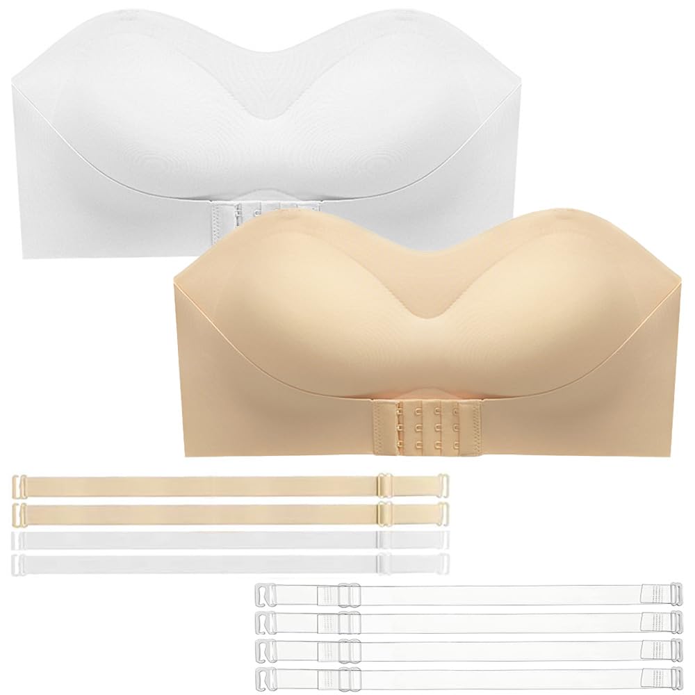 Yualov Women's Apricot+White Teen Girls Seamless Strapless Bra 2 Pack No Show Bandeau Wirefree Underwears Invisable T-Shirt Bralettes With Replaceable Straps Tube Top For Kids 10-18 Years