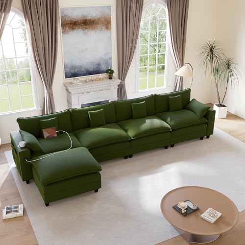 Image of KCGKCG 152 inch Modular Sectional Sofa, L Shaped Cloud Couch with Movable Ottoman, Chenille Deep Seat Cloud Sofa with Charging Station, Cup Holder, Side Pocket, Sectional Couches for Living Room, Green