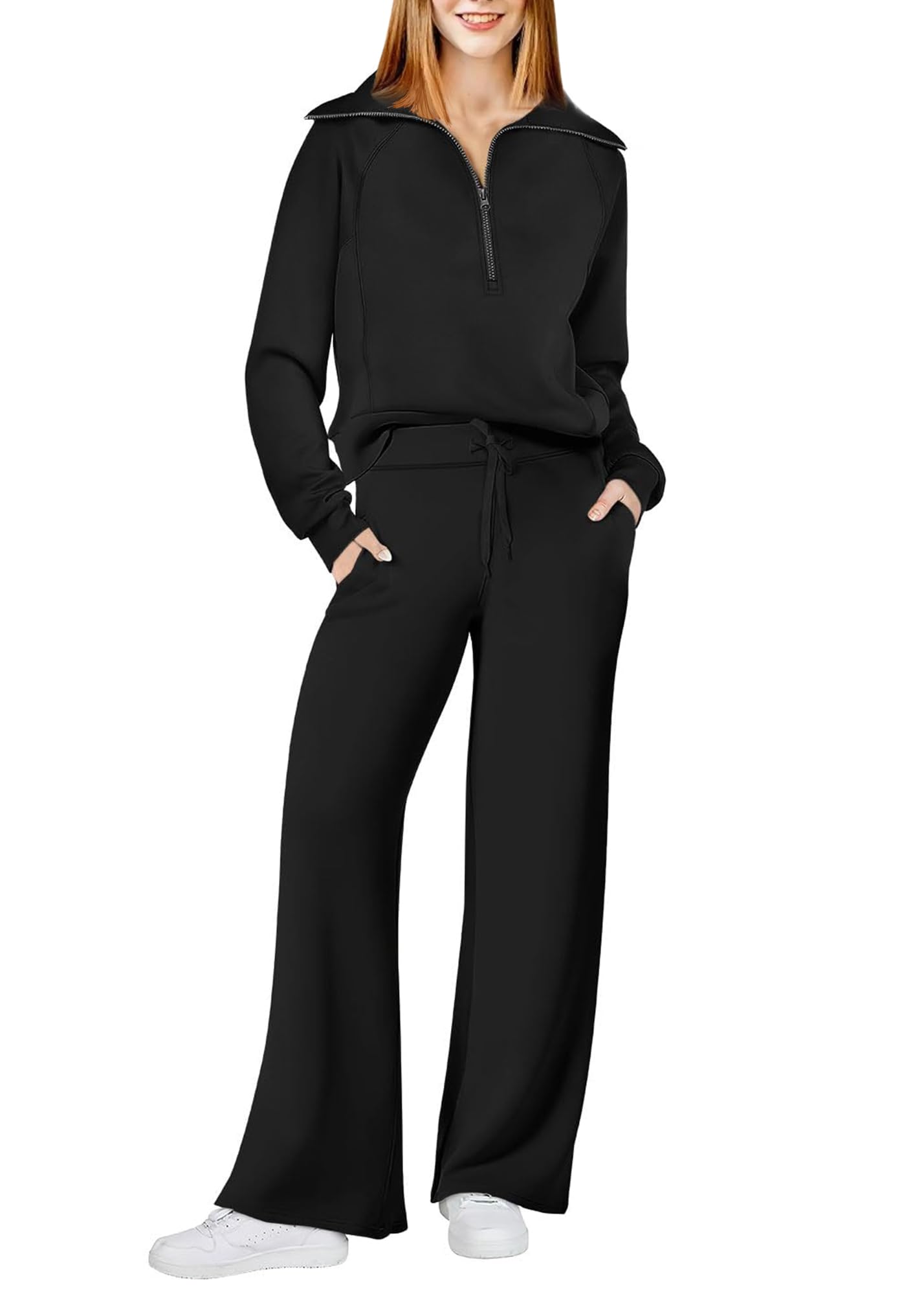PerfectsheWomen's Two Piece Outfits Sweatsuit Sets Oversized Half Zip Sweatshirt Wide Leg Sweatpant Lounge Set Tracksuit