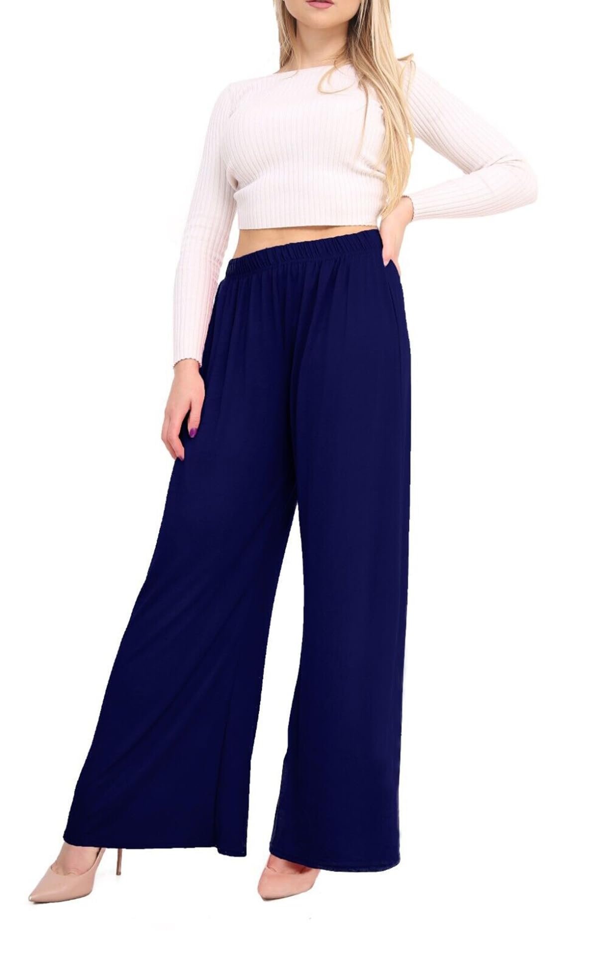 Purple Hanger Women's Navy Stretch Elasticated Baggy Wide Leg Palazzo Plain Loose Fitted Trousers Pants Plus Size (As8, Numeric, Numeric_24, Numeric_26, Regular, Regular, )