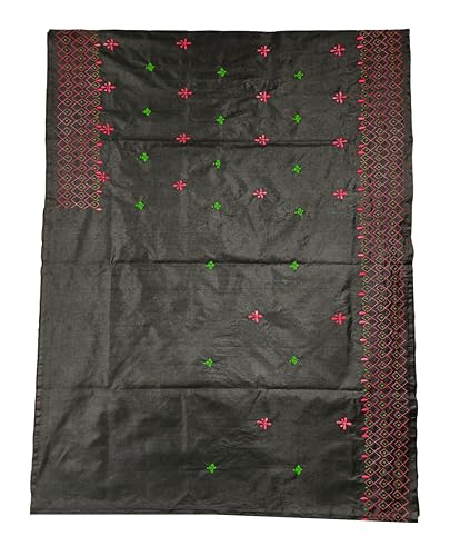 Image of SHRISTI CLOTHINGS Women's Hand Embroidered Cotton Silk Kantha Stitch Saree with Blouse Piece (J420824 BLACKD71)