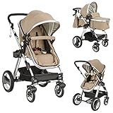 BABY JOY Baby Stroller, 2-in-1 Convertible Bassinet Reclining Stroller, Foldable Pram Carriage with 5-Point Harness, Including Cup Holder, Foot Cover, Diaper Bag, Aluminum Structure, Khaki