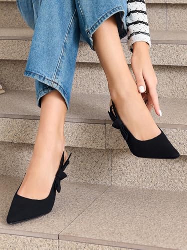 Image of Coutgo Womens Slingback Kitten Heels Closed Pointed Toe Bowknot Knitted Slip On Work Pumps Dress Shoes