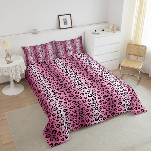 Image of Feelyou Hot Pink Leopard Comforter Set Queen, Cheetah Fur Print Bedding Set Teens Leopard Stripes Comforter Toddler Wildlife Duvet Set with 2 Pillow Case