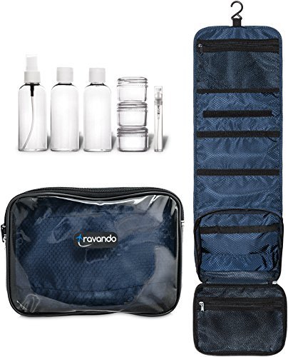 TRAVANDO ® Hanging Toiletry Bag FLEXI + 7 TSA Approved Liquid Bottles - Travel Set for Men and Women - Toilet Kit for Cosmetics, Makeup - Organiser for Suitcase - Wash Bag with Containers