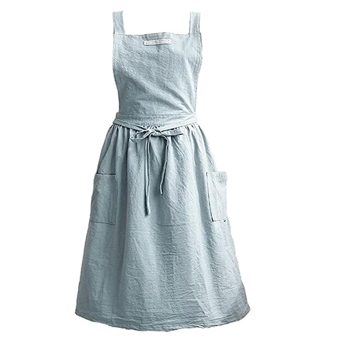 Tablier imperméable femme rétro en coton lin bleu clair dos croisé cuisine et fleuriste