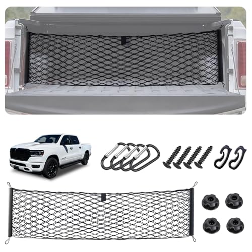 Image of Envelope Style Truck Bed Cargo Net for Dodge Ram 1500 2019-2026 Accessories, Rear Trunk Mesh Cargo Net, Upgraded 5mm Bungee & Double-layer Nylon Storage Tailgate Netting Grocery&Tools Holder Organizer