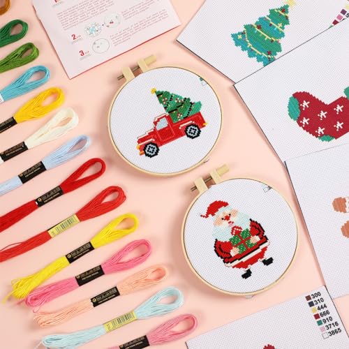 Zoiiwa JC0680 6Pcs Christmas Cross Stitch Kits For Beginners Diy Embroidery Kit For Kids Adults Needlepoint Starter Kits Craft With Santa Snowman Gingerbread Man Socks Christmas Tree Truck Craft Supplies thumb #4