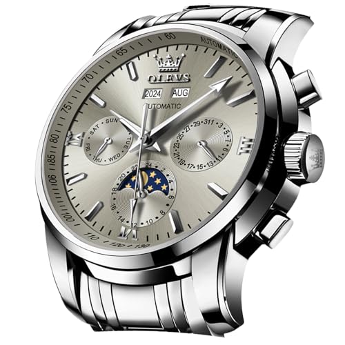 Image of OLEVS Automatic Men Watch Self Winding Mechanical Luxury Dress Moon Phase Stainless Steel Waterproof Luminous Calendar Wrist Watch