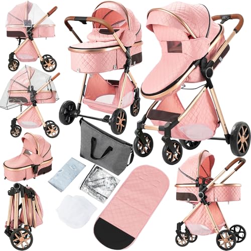 Image of 2 in 1 Baby Stroller, Convertible Pram, Reversible Standard Stroller, Portable Baby Buggy, Infant Carriage, Foldable High Landscape Pushchair for Toddler Newborn (225 Pink)