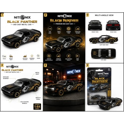 Image of 1:64 Black Panther Premium Die Cast Metal Toy Car for Kids | Mini Sports Car Collectible Model with Free Rolling Wheels, Realistic Design, openale door,Metal Vehicle, Birthday Gift for Boys & Girls