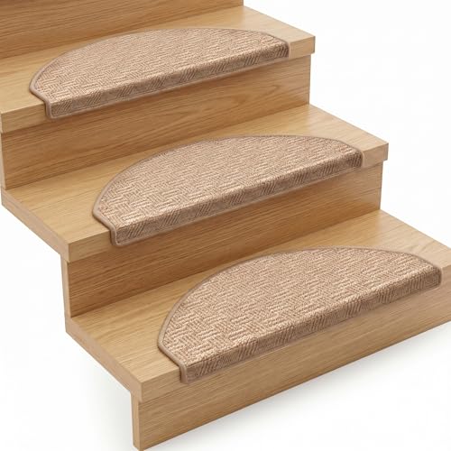 Floordirekt Treppenstufen Matten - Monaco Beige - Stufenmatten Treppenteppich halbrund 25x65cm in Halbrunder Form / 1 Stufenmatte