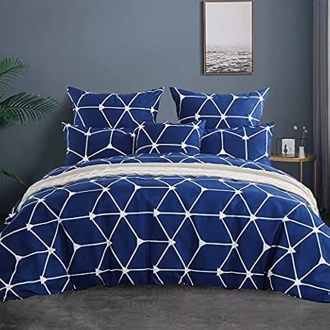 RUIKASI Super King Duvet Cover Set - Superking Bedding Set Microfiber Geometry Navy Pattern, Quilt Cover with 2 Pillowcases, Soft and Breathable Cover