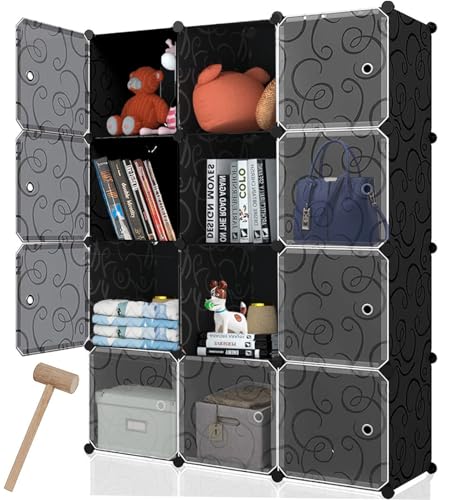Fujampe 12 Cube Storage Organizer - 14x14 inch DIY Closet Storage Organiser with Doors, Portable Wardrobe, Plastic Cube Closet Storage Shelves for Shoes Clothes Toys Books (12 Cubes)