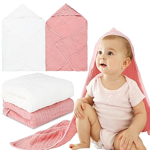 Image of Whaline 2 Pack Muslin Cotton Hooded Baby Bath Towel with Hat 32 x 32 Inch Large White Pink Soft Baby Towel Blanket for Babies Newborn Gift Baby Shower Supplies