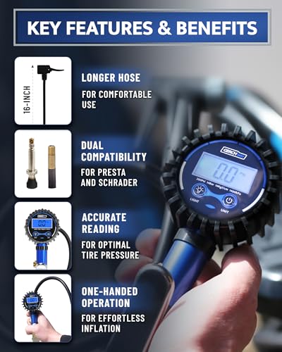 Image of GERCHWAY Presta Valve Air Chuck - Digital Bike Tire Inflator with Pressure Gauge - Schrader to Presta Valve Adapter for Air Compressor