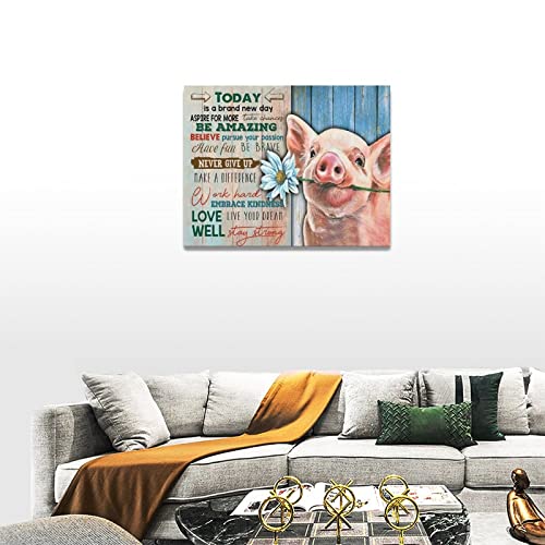 Pig Wall Art Rustic Pig Daisy Wall Decor Motivational Farmhouse Animal Pictures Print Painting Farm Country Framed Canvas Artwork Home Decor For Bedroom Living Room Kitchen 12"X16" #TOP4