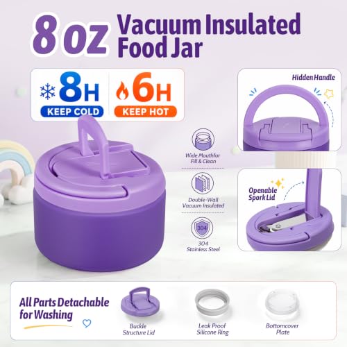Image of MAXSO Bento Lunch Box Set for Kids with 8 oz Soup Thermo, Leakproof Hot Food Container with 4 Compartments, Insulated Food Jar for Toddler Daycare Boys Girls School - Purple