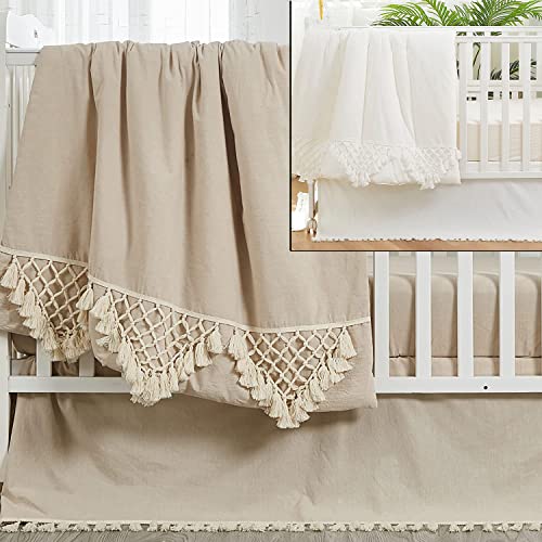 Brandream 6Pcs Gender Neutral Boho Bohemian Baby Girl Boy Nursery Crib Bedding Set Solid Beige And White Farmhouse Chic Unisex Minimalist Tassel Fringe Macrame Cozy 100% Washed Cotton #TOP21