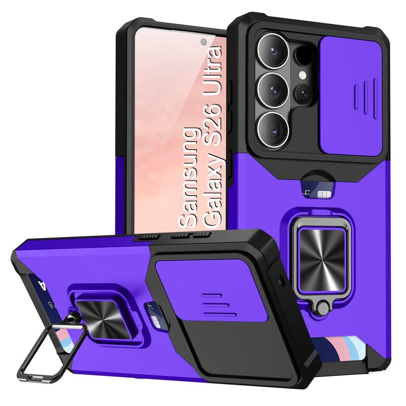 Image of LuxuryKase Shockproof Armor Case for Samsung Galaxy S26 Ultra | Slide Camera Cover | Hidden Card Slot | Rotating Ring Kickstand | Magnetic Car Mount Support | Military Grade Protection - Purple