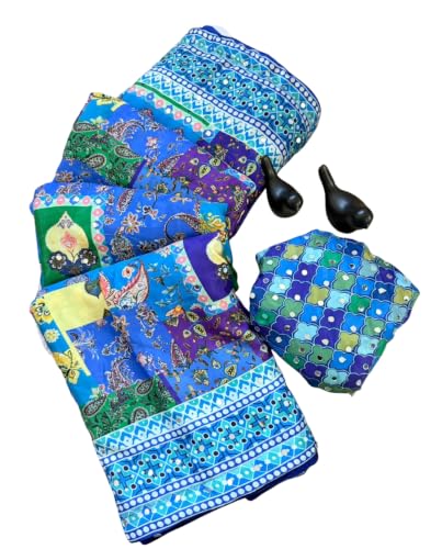 Image of Soft Pure Marshmellow Shiny Chinnon Silk Fabric Along With Designer Ajarakh Print Along With Real Mirror Work Along With Fancy Printed Blouse With Piping And Heavy Latkans