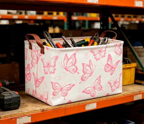 Image of CLOCOR Rectangular Fabric Storage Bin, Waterproof Storage Box with Handles(Pink Butterfly)